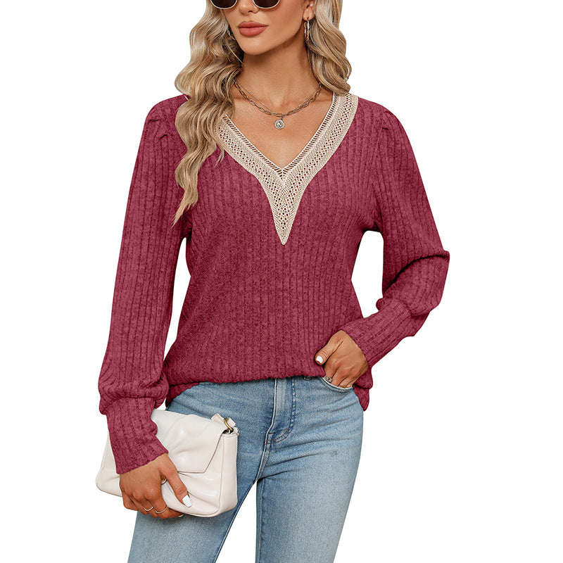 V-Neck Lace Trim Loose Fit Corduroy T-Shirt