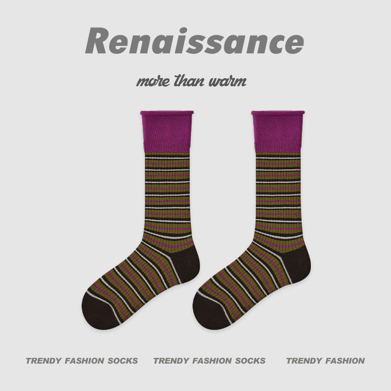 Mid Calf Colorblock Cotton Blend Socks Retro Casual