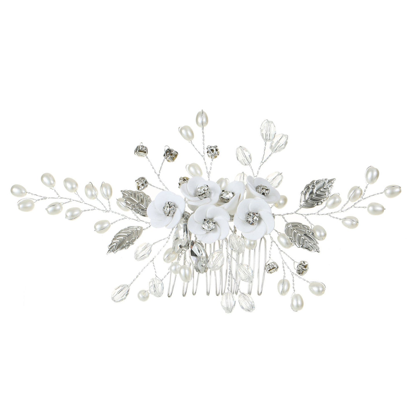 Handmade White Pearl Flower Hair Comb with Gems