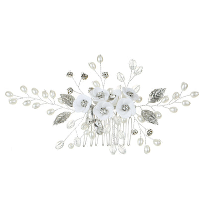 Handmade White Pearl Flower Hair Comb with Gems