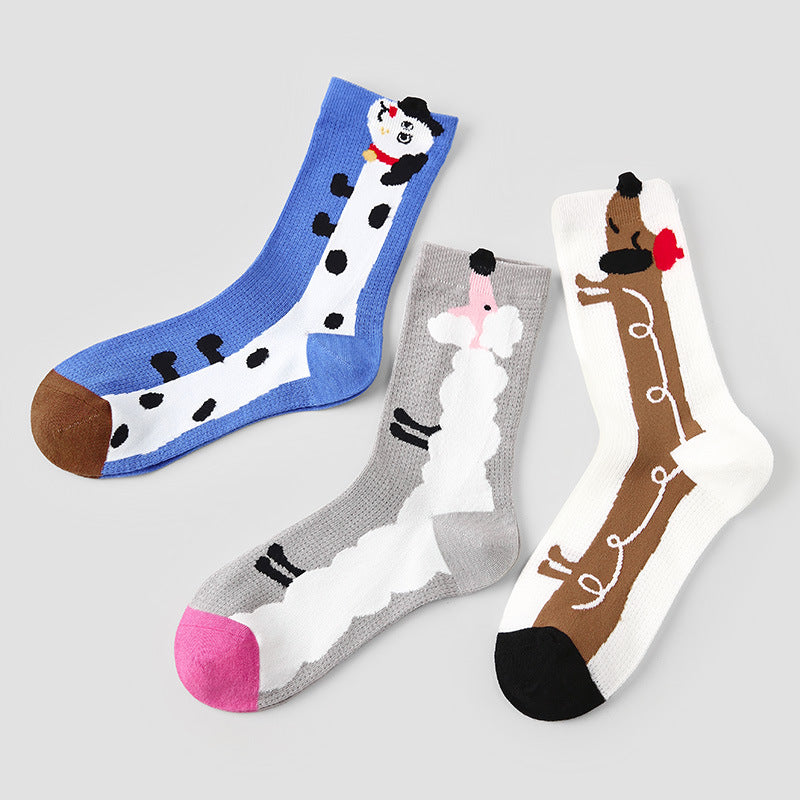 Socks Colorblock Dog Stripe Combed Cotton Mid Calf