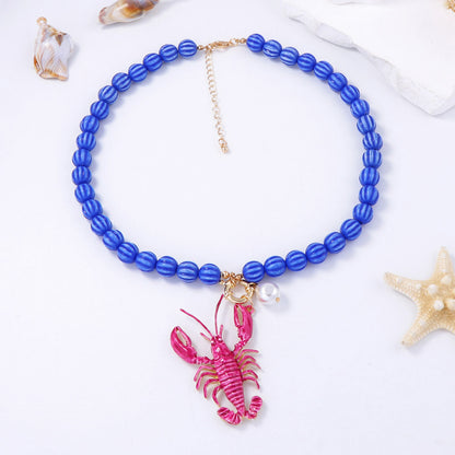 Necklace Lobster Charm Beaded Gold Tone Alloy Beach