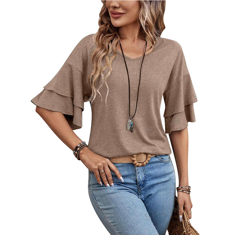 V-Neck Layered Sleeve Loose T-Shirt for Women