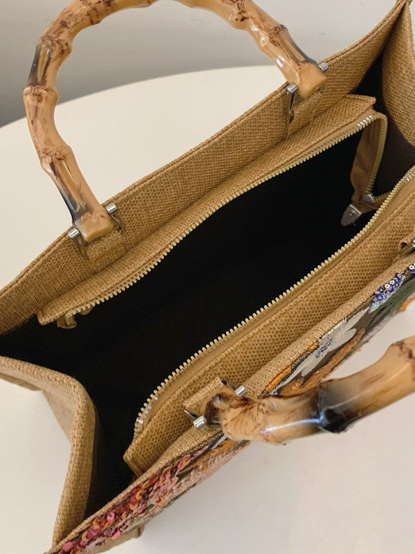 Embroidered Sequin Tote Bag with Floral Detail