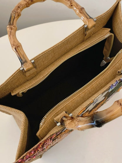Embroidered Sequin Tote Bag with Floral Detail