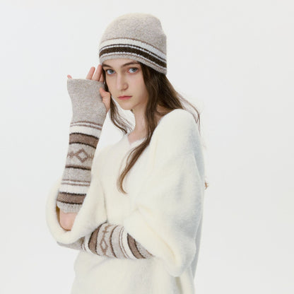 Retro Color Block Knitted Hat & Mittens Set