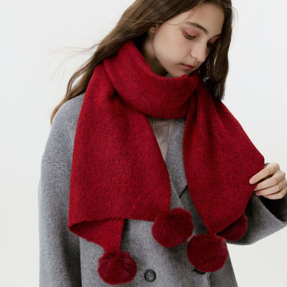 Cozy Solid Color Knitted Scarf with Pom Poms for Women