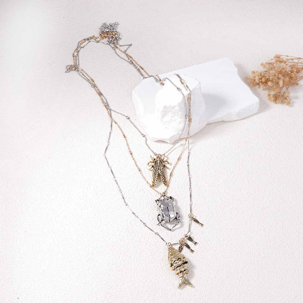 Layered Animal Pendant Necklace Beetle Fish Cicada