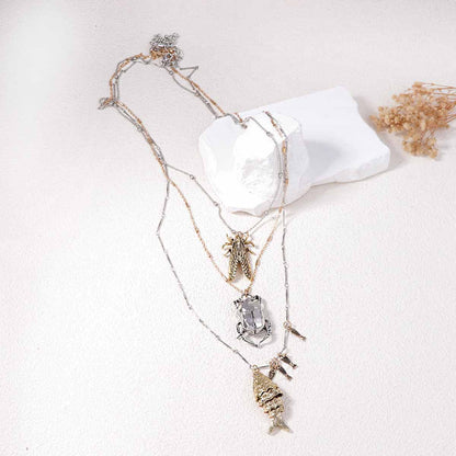 Layered Animal Pendant Necklace Beetle Fish Cicada