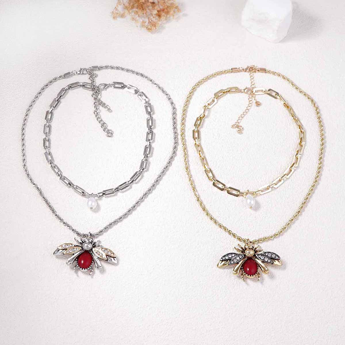 Set Of 2 Faux Pearl Bee Pendant Necklaces Micro Pave