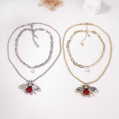 Set Of 2 Faux Pearl Bee Pendant Necklaces Micro Pave