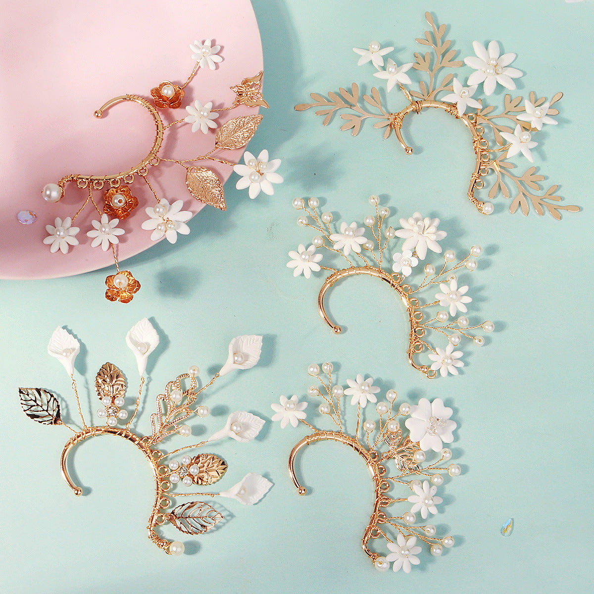 Handcrafted Floral Ear Cuffs with Crystal Accents - Bohemian Style