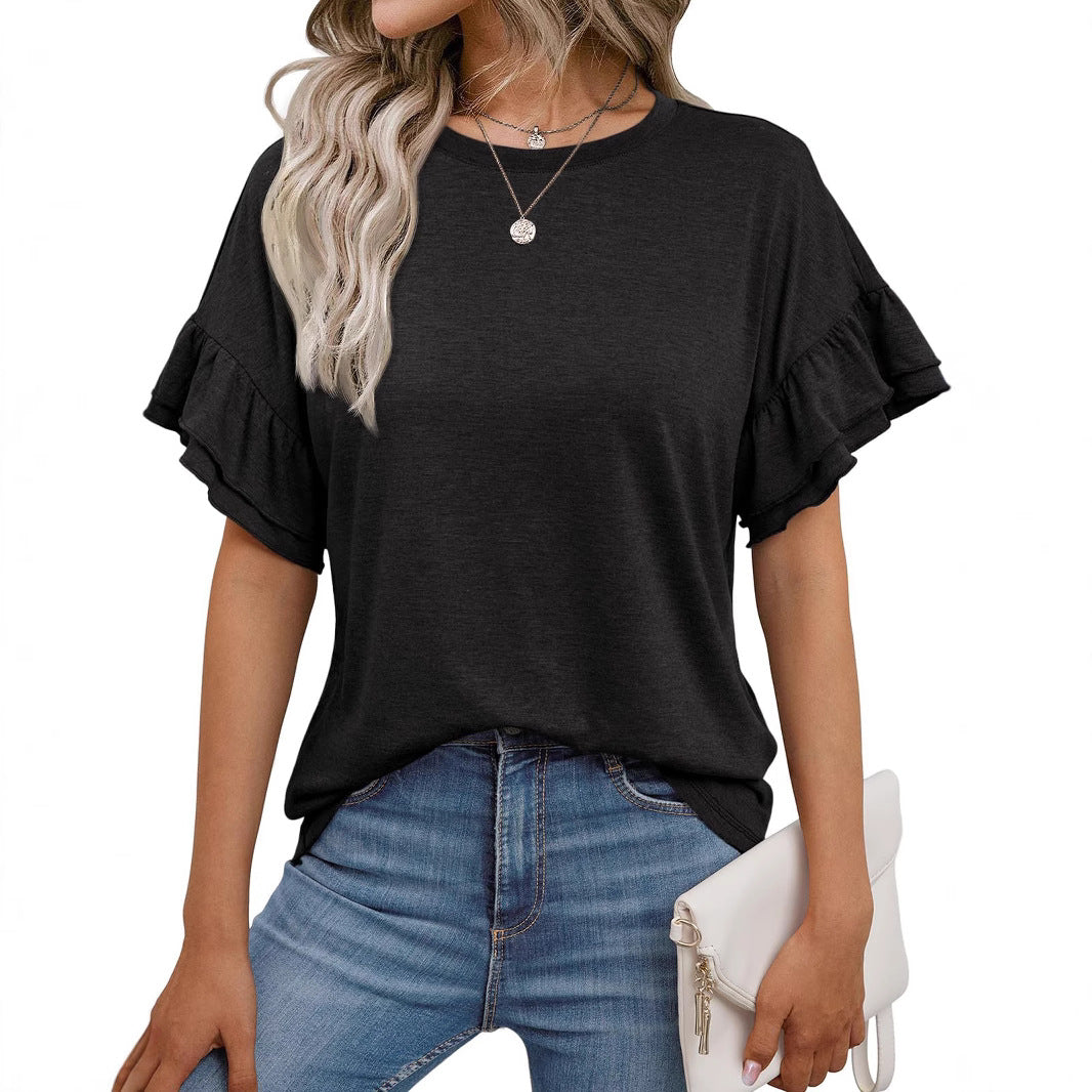 Solid Color Ruffle Sleeve T-Shirt for Women