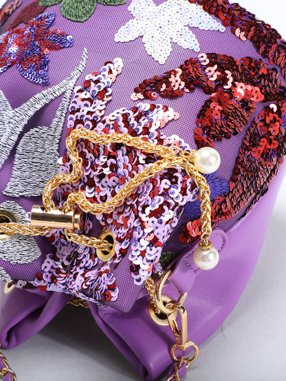 Elegant Floral Embroidery Sequin Mesh Bucket Bag