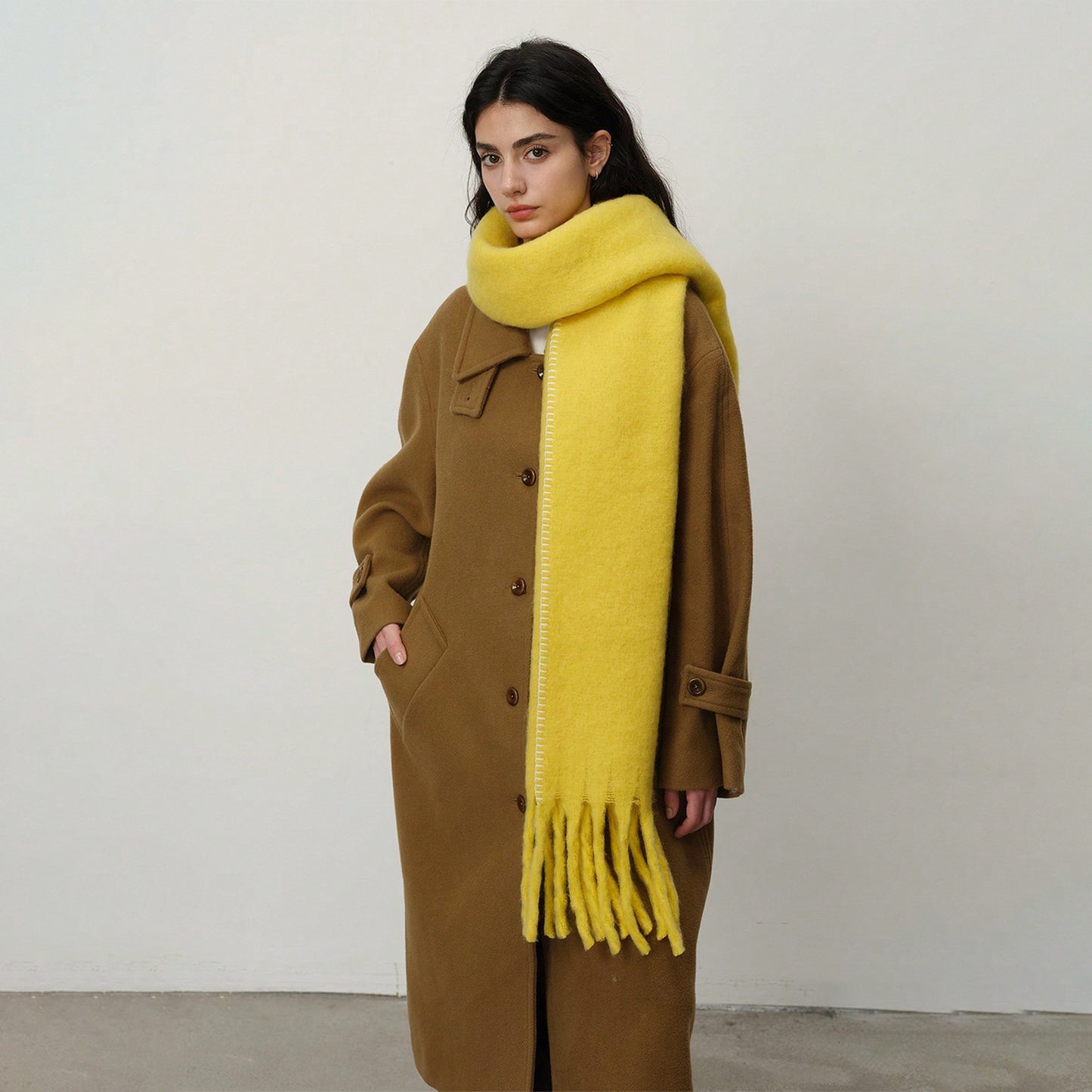 Solid Color Fringed Scarf Stylish Warm Winter Wrap