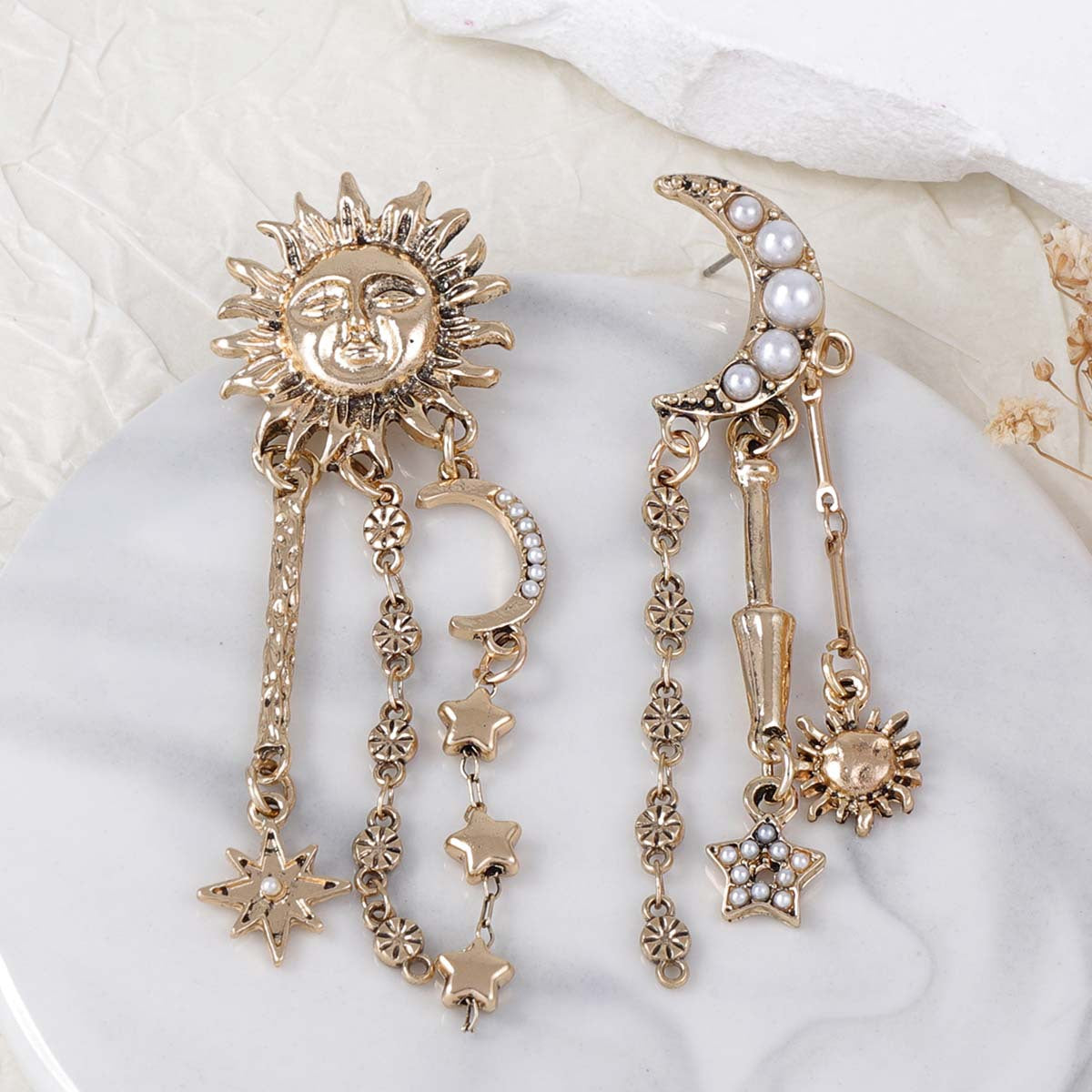 Tassel Drop Earrings Sun Moon Star Statement Celestial