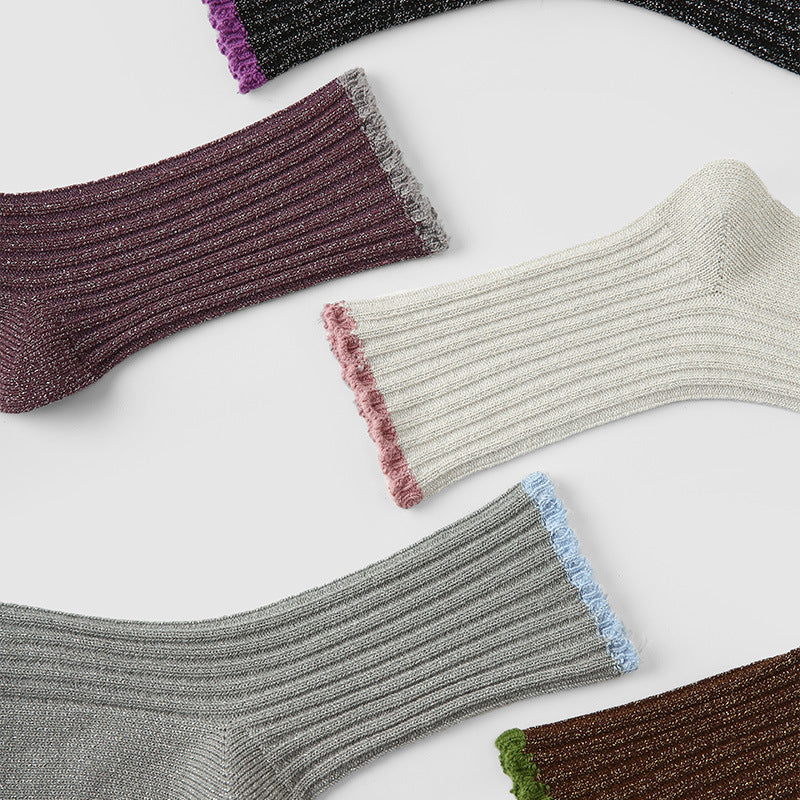 Socks Colorblock Combed Cotton Metallic Mid Calf Casual