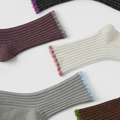 Socks Colorblock Combed Cotton Metallic Mid Calf Casual