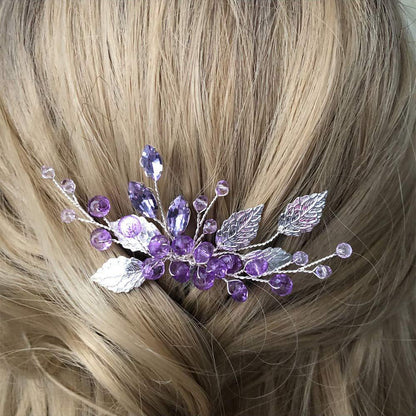 Purple Crystal Silver Alloy Leaf Hair Comb Wedding Headpiece