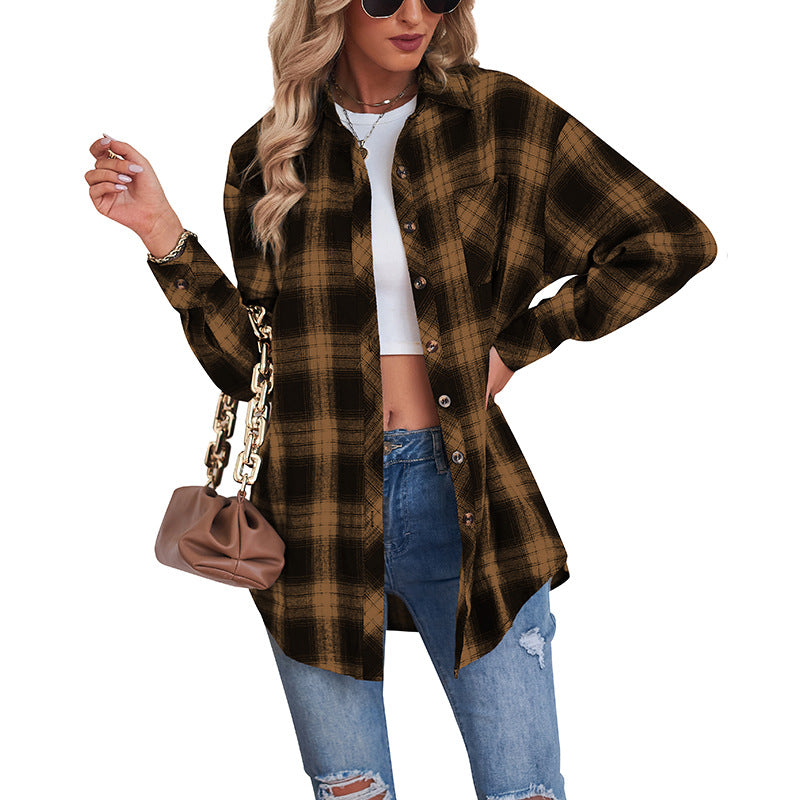 Loose-Fit Flannel Shirt with Button Closure in Plaid