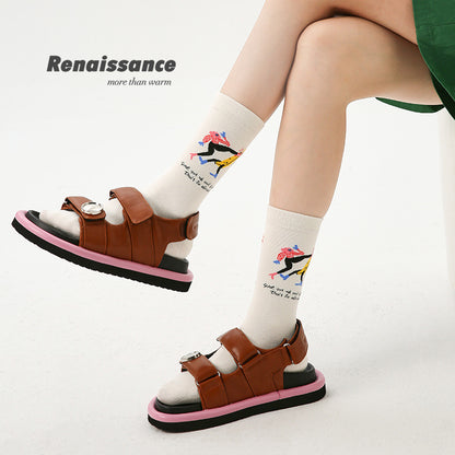 Art Illustration Combed Cotton Mid Calf Socks