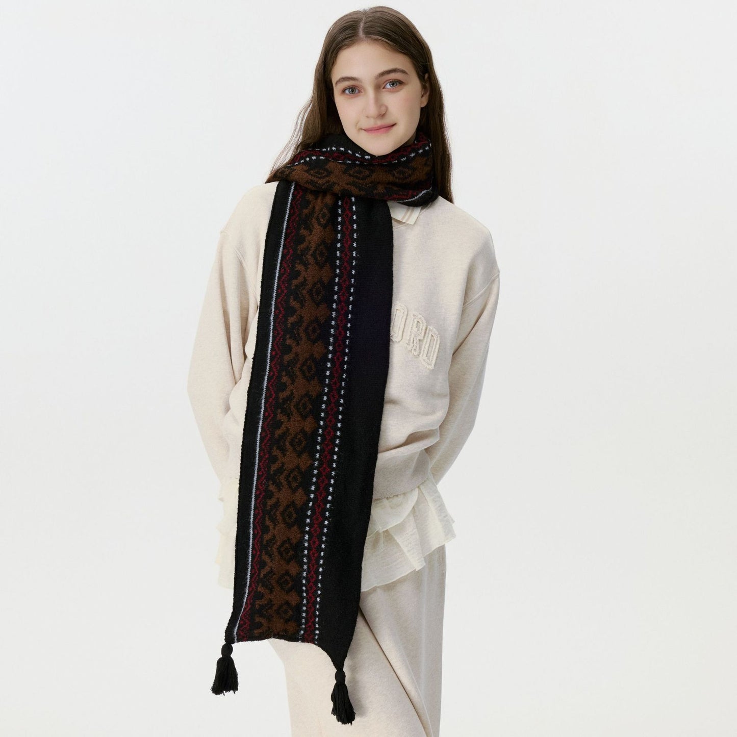 Designer Vintage Wool-Blend Fair Isle Knitted Scarf for Men and Women