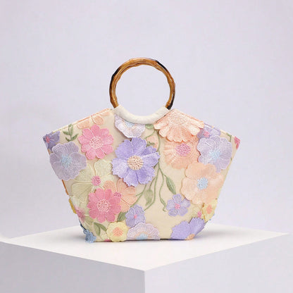 Elegant Seaside Embroidered Floral Tote Bag