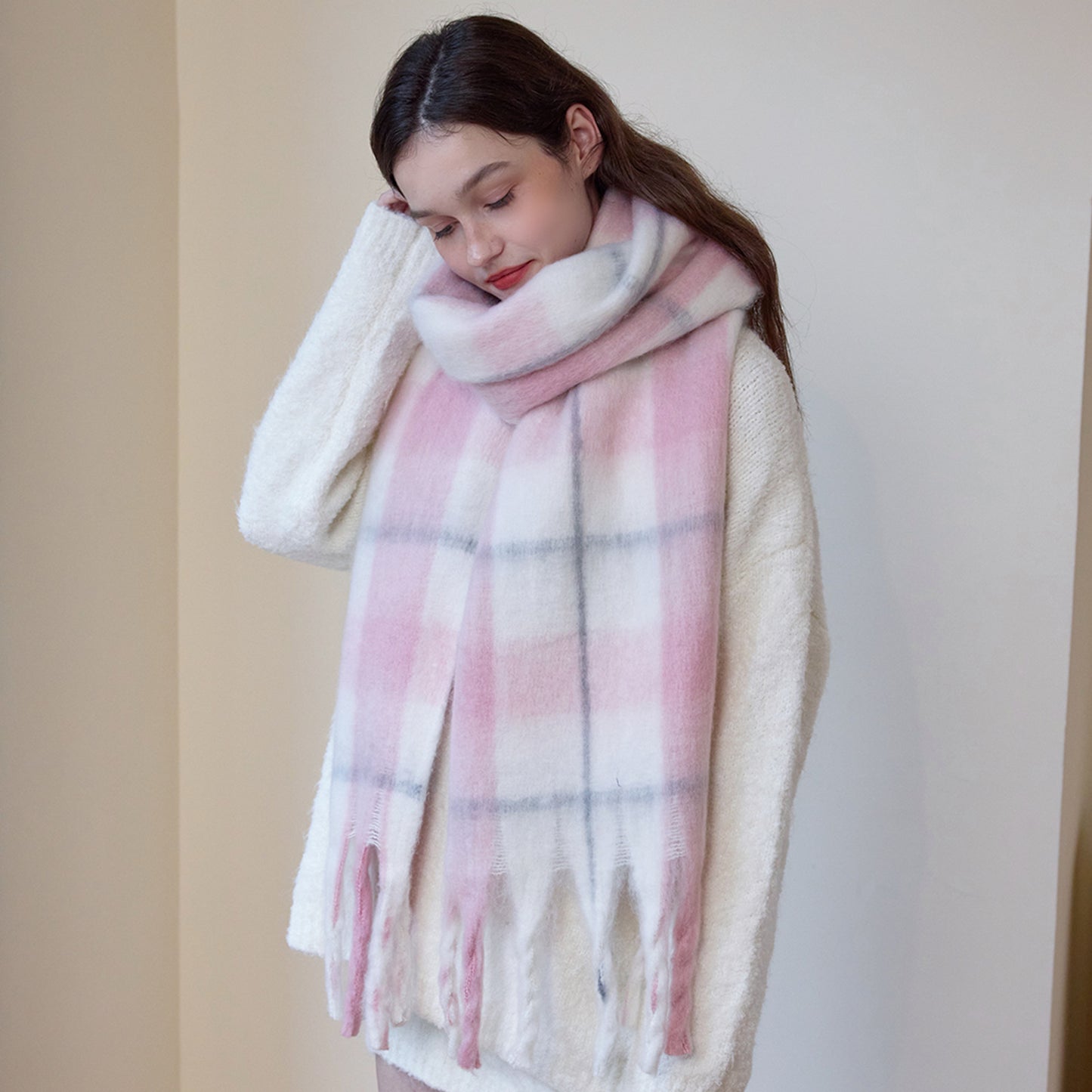 Thick Cozy Plaid Scarf with Fringes for Women