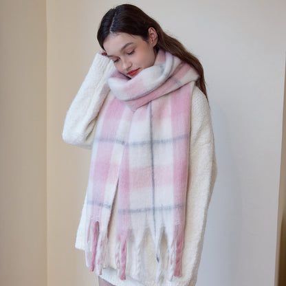 Thick Cozy Plaid Scarf with Fringes for Women