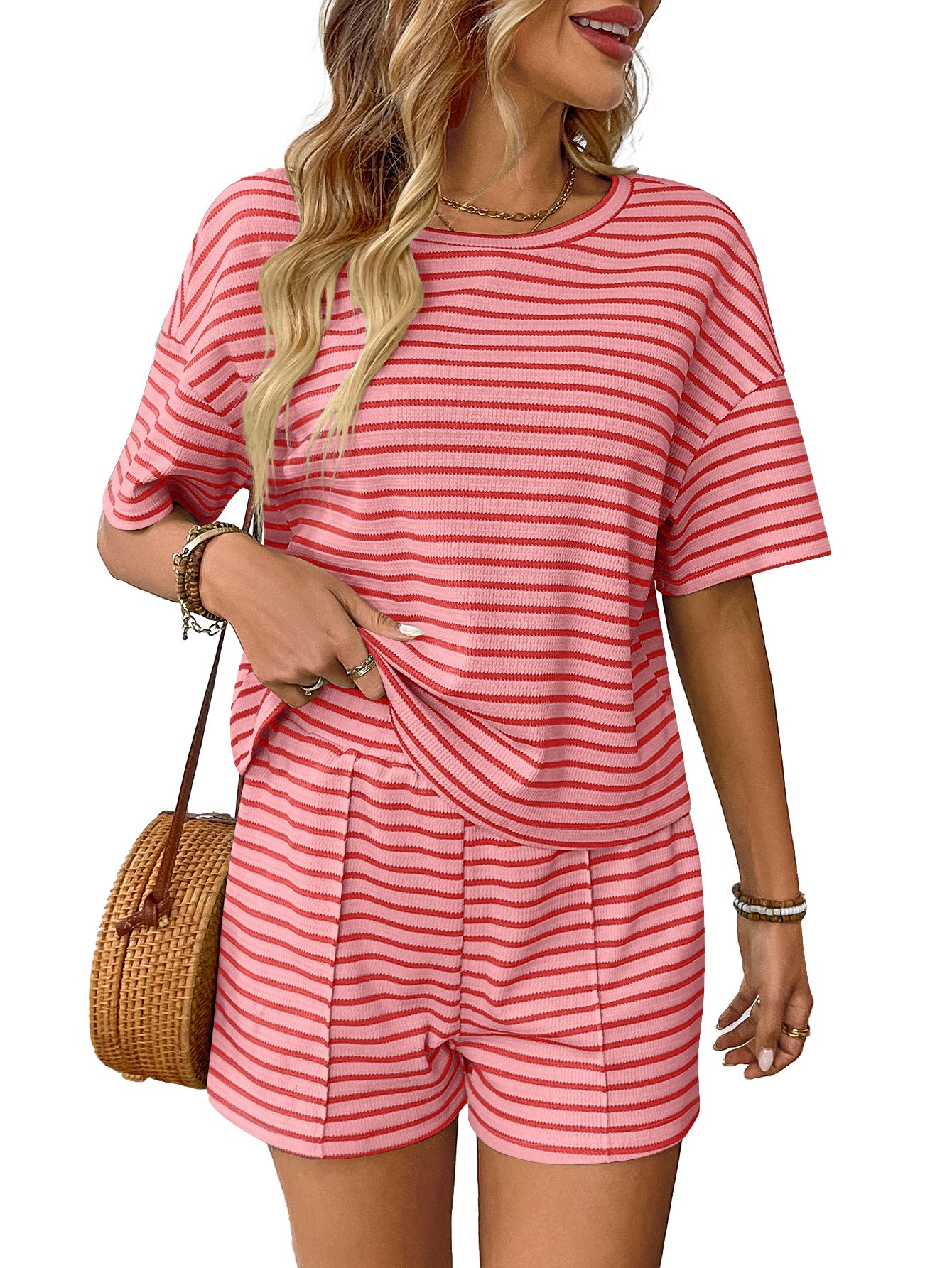 Trendy Casual Knitted Striped Shorts Sports Set for Women