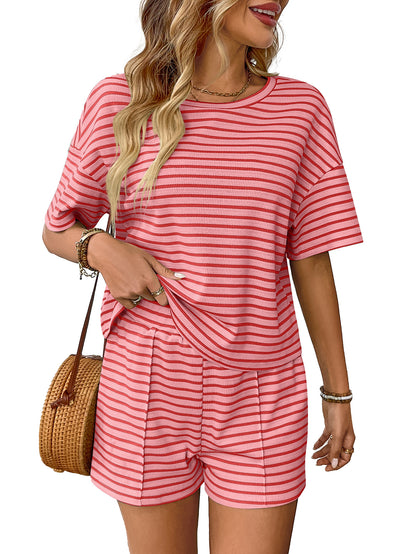 Trendy Casual Knitted Striped Shorts Sports Set for Women