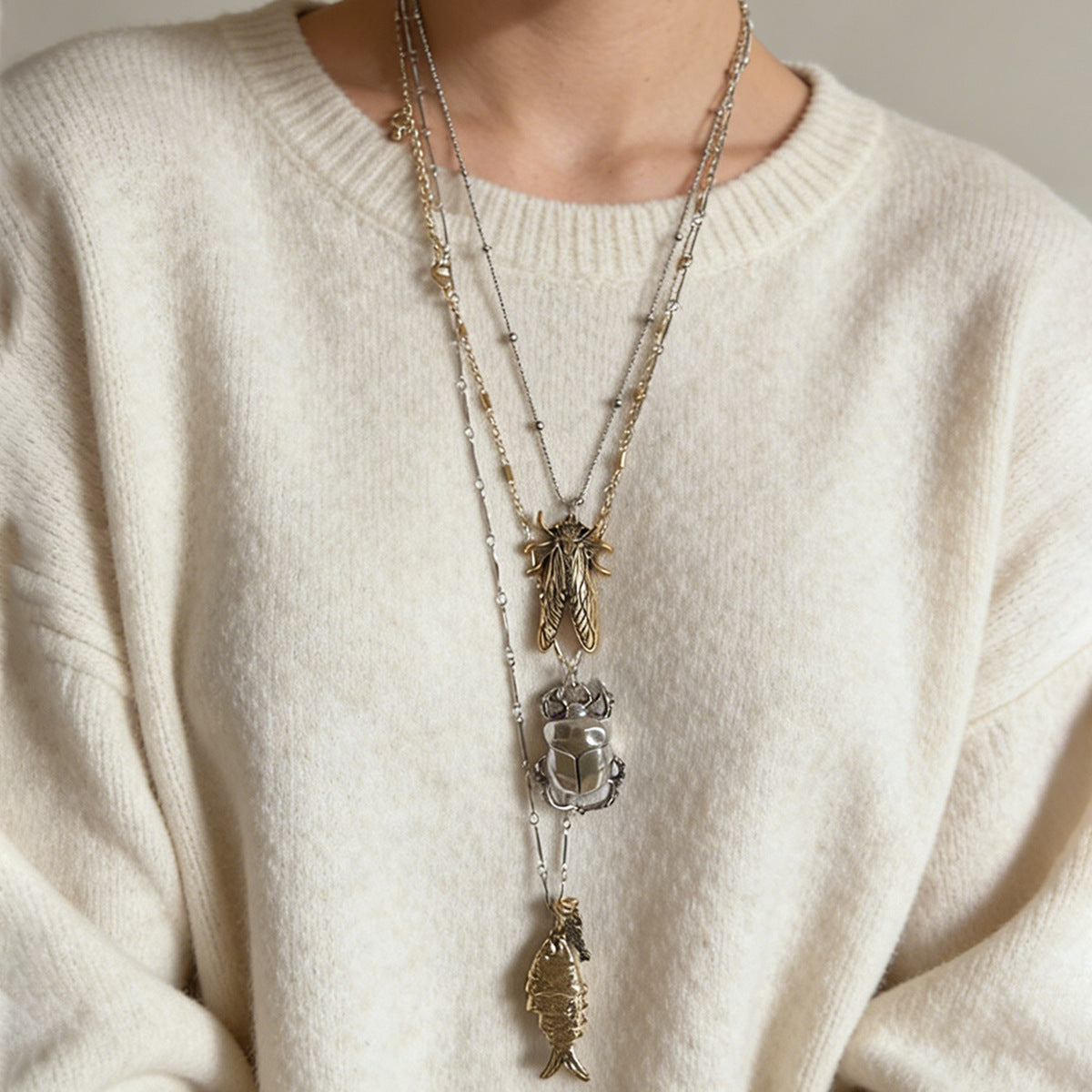 Layered Animal Pendant Necklace Beetle Fish Cicada