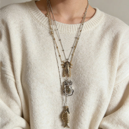 Layered Animal Pendant Necklace Beetle Fish Cicada