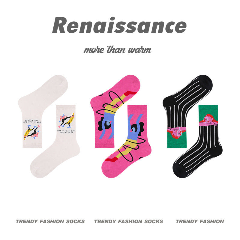 Art Illustration Combed Cotton Mid Calf Socks
