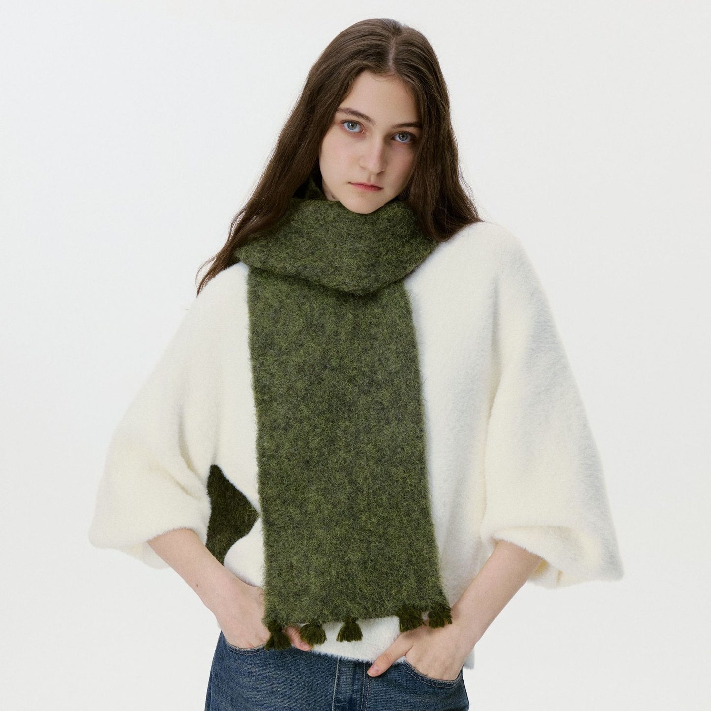Trendy Solid Color Wool Blend Fringe Scarf for Women