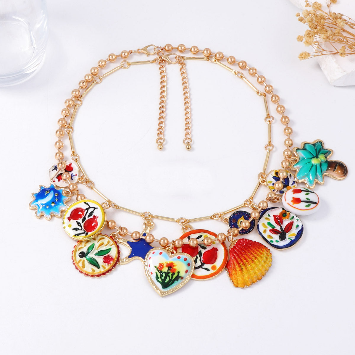Layered Floral Pendant Necklace Colorful Alloy Casual