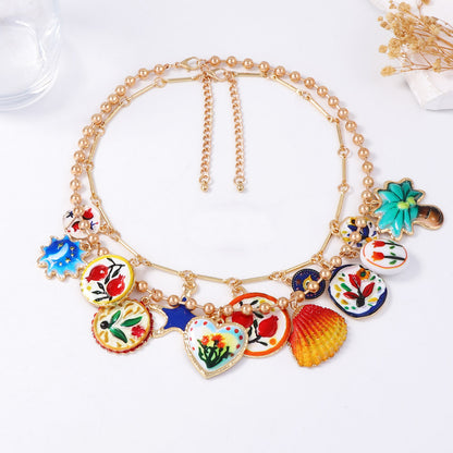 Layered Floral Pendant Necklace Colorful Alloy Casual