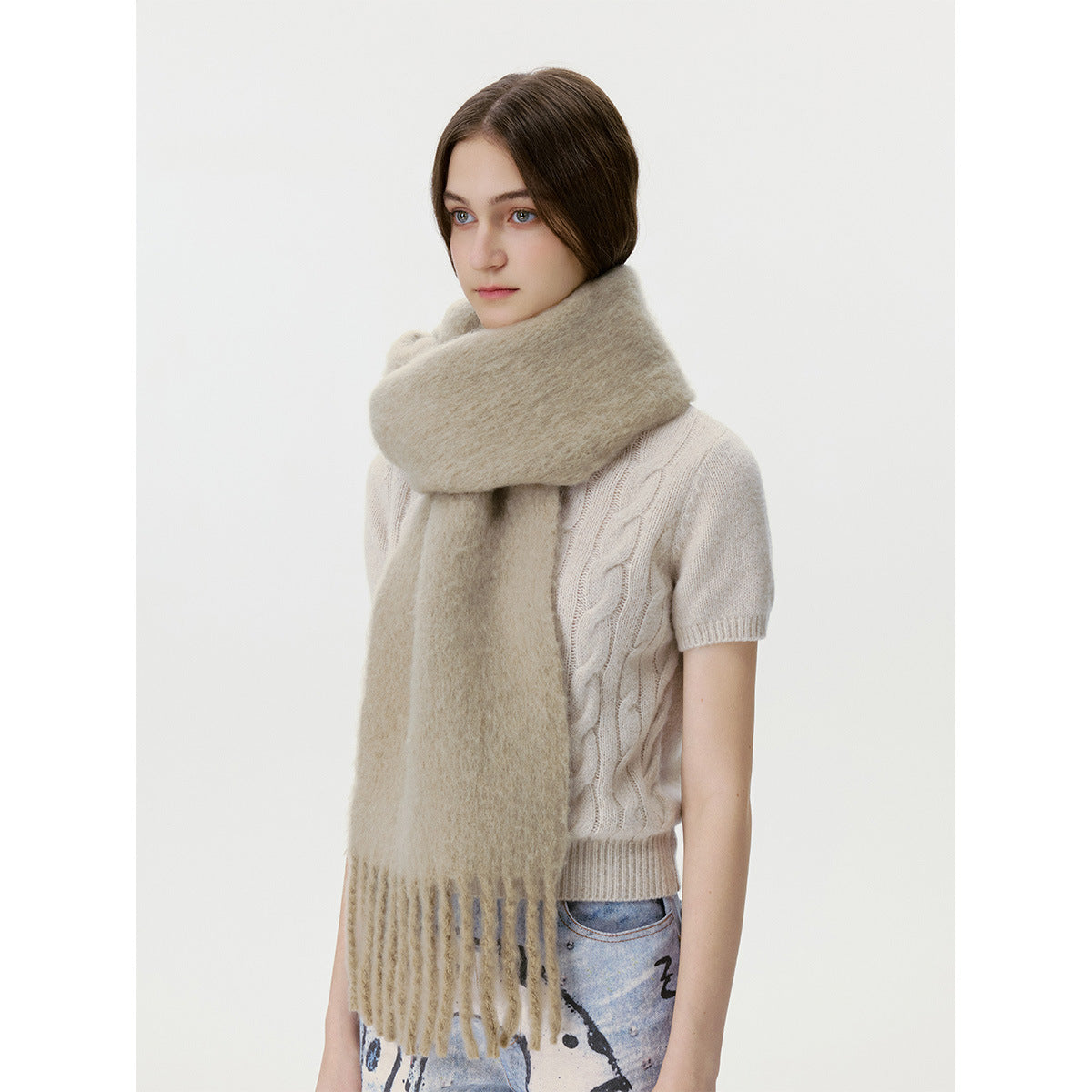 Solid Color Wool Blend Fringe Scarf for Women