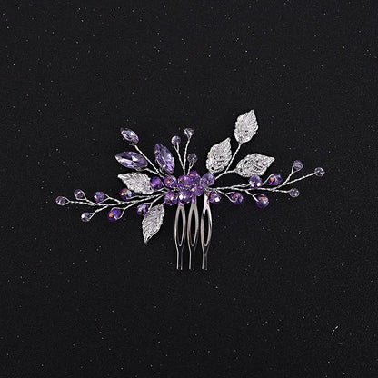 Purple Crystal Silver Alloy Leaf Hair Comb Wedding Headpiece