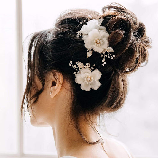 Beige Organza Flower Leaf Alloy Hair Clips Set Bridal Wedding Hair Accessories