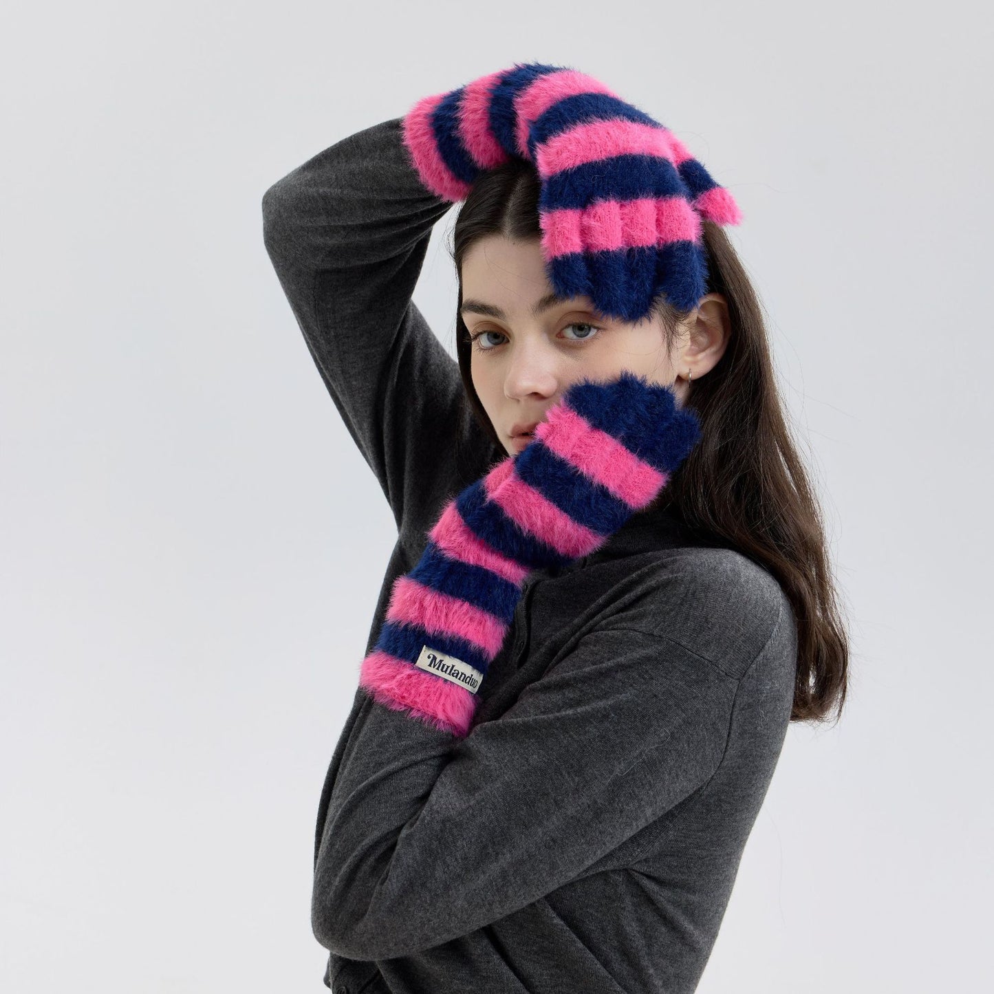 Trendy Striped Knit Fingerless Gloves for Women