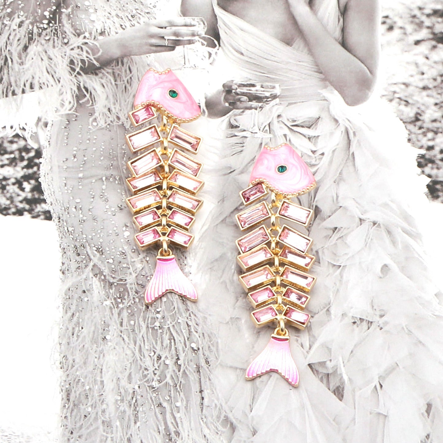 Vintage Fishbone Carp Rhinestone Drop Earrings