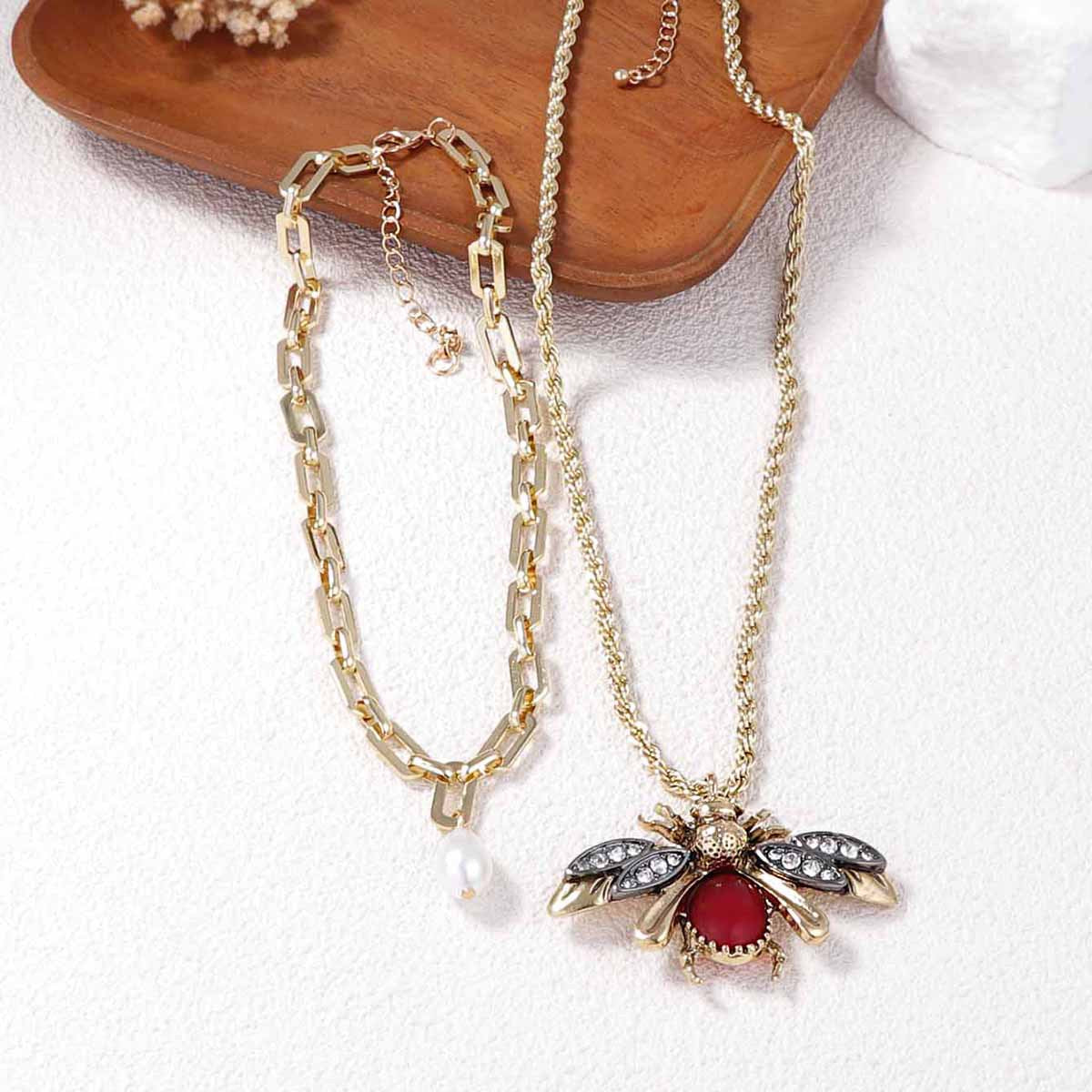 Set Of 2 Faux Pearl Bee Pendant Necklaces Micro Pave