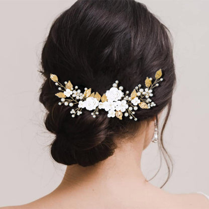 White Soft Clay Flower Headband Silver Alloy Leaves Wedding Hairpiece