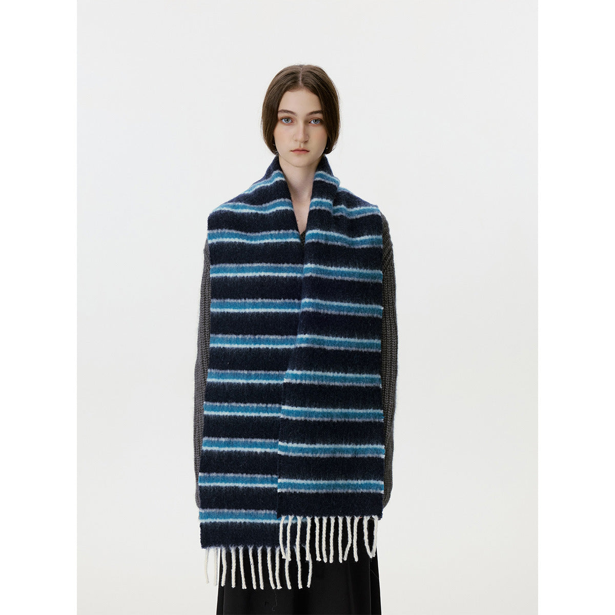 Designer Korean Style Wool Blend Multi-Color Striped Scarf for Women