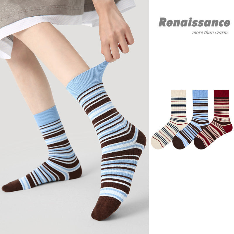 Mid Calf Striped Combed Cotton Socks For Daily Wear