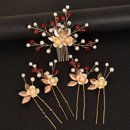 5 Piece Vintage Bridal Hair Clip Set with Pearls and Gold Leaves