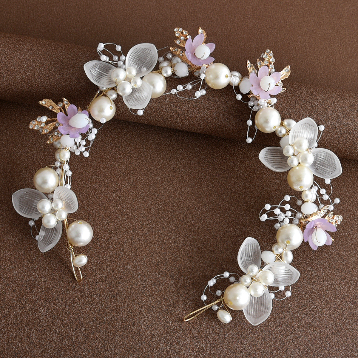 Pearl Flower Bridal Headband with Gold Leaf Detailing