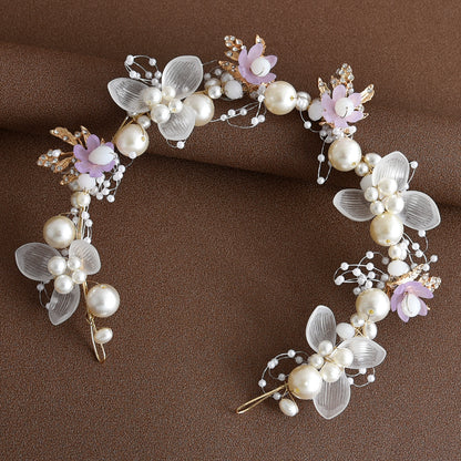 Pearl Flower Bridal Headband with Gold Leaf Detailing
