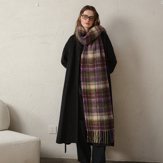 Designer Plaid Winter Scarf Cozy Woven Shawl with Fringes